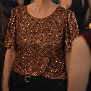DKNY Taupe Top with Sequins. Like New size Large.  Party Festive Christmas party